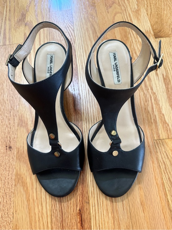 Karl Lagerfeld Shoes - Karl Lagerfield Affre Black Leather Wedge Sandal, size 7.5 M